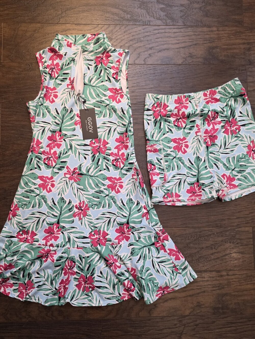 Floral Tropical Sleeveless Mini Dress in Blue, Green, & Pink
